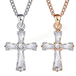 Fashion Rose Gold Colour Cross Pendant Necklaces For Woman Crystal Pendant Cubic Zirconia Long Necklace Jewellery