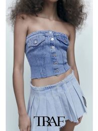 Camisoles Tanks TRAF Summer Women Fashion Sexy Solid Color Sleeveless Short Denim Bustier Top Casual Blouses Tops 230425