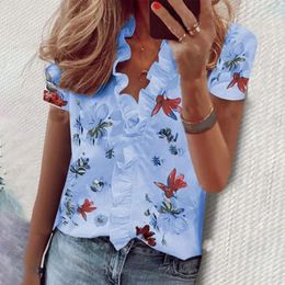 Women's Blouses Women Blouse Top V Neck Shirring Ruffle Edge Short Sleeves Flower Print Loose Pullover Soft Lady Dating Party Shirt