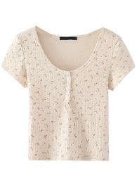 Women's T-Shirt Vintage Floral Print Slim T-Shirts Women Summer Button Round Neck Cotton Short Sleeve Y2k Tops Ladies Retro Chic Sweet T Shirt 230426