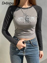 Women's T-Shirt Darlingaga Grunge Graphic Print Raglan Sleeve Tops Tee Women T shirts Vintage Clothes Y2K Slim Sweats Shirt Contrast Aesthetic 230426