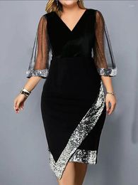 Casual Dresses Elegant Women's Plus Size Dress 2023 Sequin Evening V Neck Mesh Sleeve Spring Summer Midi Black For Women