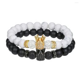 Charm Bracelets CZ Crown Bracelet 2pcs/set Femme Friendly Howlite Lava Stone Beads For Women Men Jewelry Pulseras Mujer