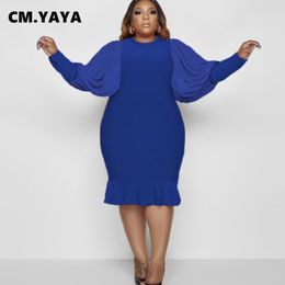 Dresses CM.YAYA Plus Size Lantern Long Sleeve Ruffles Hem Midi Bodycon Dress for Women Sexy Club Party Night Oneck Patchwork Dresses