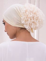 Hijabs JTVOVO Pure Colour Milk Silk Pan Flower Hat Muslim Stretch Toe Cap Dubai Arab Womens Flower Hat Turban Beanie Fashion 230426