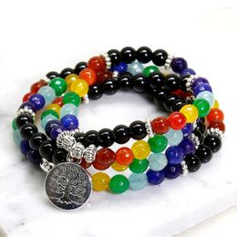 Charm Bracelets 108 Mala Chakra Black Onyx Bracelet 7 Yoga Meditation Tree Life Pendent For Women Pure Natural Stone Bangle