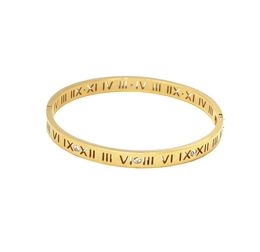 Rose Gold Color 6pieceslot Titanium Steel Roman Numerals Cuff Bracelet Yellow Tone Zircon Jewelry Whole 6mm Bangle for Wome4658947