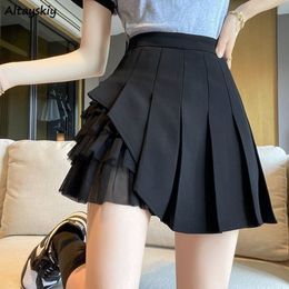 Skirts Pleated Skirts Women Chic Summer Party Allmatch Schoolgirls Clothing Vintage Slim Simple Pure Faldas Ulzzang Y2k Mesh Design 230425