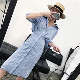 Casual Dresses Shirt Dress Women Korean Blue Single Breasted Buttons Stripped Robe Femme Vestidos Spring Clothes Office Ladies Vestido