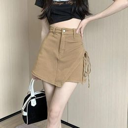 Women's Shorts High WaistDenim Cotton Khaki Skirts Women 2023 Summer Spring Drawstring Design Sheath A- Line Pink Skirt