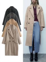 Women's Wool Blend's Fall Winter Fashion Lapel Loose Midlength Pocket Woolen Coat Double Breasted Longsleeved Warm Female Chic Overcoat 231124