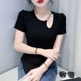 Women's T Shirts #5268 Sexy Club Short Shirt Women Hollow Out Skew Collar With Chain Sleeve Cotton Streetwear Tee Korean Fashion