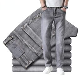 Designer Cotton Stretch Jeans Business Casual Mens Thin Denim Jeans Grey Spring Summer Brand Fit Straight Lightweight