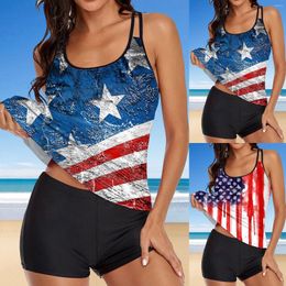 Women's Swimwear Independence Day For Women's American 4th Of July Print Strappy Back Tankini Set Two Piece Swim Suits Womens Shorts