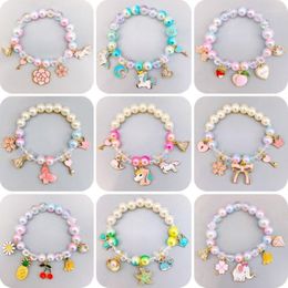 Strand Colourful Pearl Beads Bracelets For Girls Cute Cartoon Fruit Flower Heart Pendant Charm Bracelet Party Jewellery Kids Birthday Gift