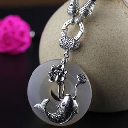 Chains Sterling Silver Jewelry Handmade Inlaid White Chalcedony Carp Water Female Models Retro PendantChains