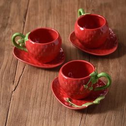 Mugs Handpainted Underglaze Colour Cute Ceramic Strawberry Shape Cup and Saucer Set Mug Milk Juice Dessert European Coffee 231124