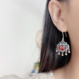 Dangle Earrings Ethnic 925 Sterling Silver Red Ruyi Lock Shape For Women Retro Chinese Style Luck Drop With Hook EH195