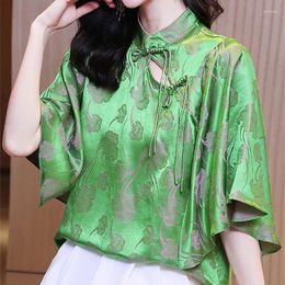 Women's Blouses Summer Chinese Style Buttons Solid Color Half Height Collar Flare Sleeve Blouse Women Clothing Temperament Irregular Shirts