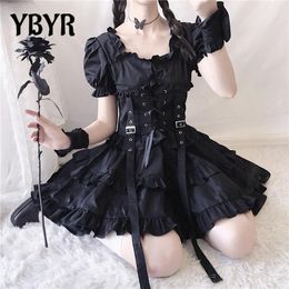 Dresses YBYR Black Gothic Lolita Dress Japanese Girl Punk Style Puff Sleeve Bandage Mini Dress Women Sexy Ruffles Dresses Club Clothes