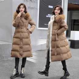 Women's Trench Coats Coat Winter Down Cotton Padded Clothes Long Knee Length Large Wool Collar Korean Slim Fit Belt