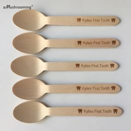 Christmas Decorations 100pcs First Tooth Party Spoons Girl Boy Cake Dessert Personalised Wood Spoon Teething Birthday Tableware Baby Shower 231124