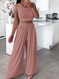 Women's Jumpsuits & Rompers Summer Casual Solid Suit Fashion O-Neck Sleeveless Vest Top And Wide Leg Pant Set Women Elegant Ribbed High Stre