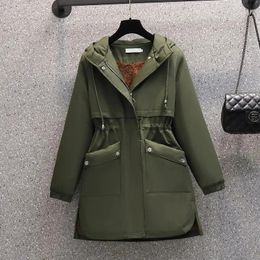 Women's Down Parka Parkas Cotton Coat MidLong Casual Hooded Jacket Loose Add Velvet Drawstring Zipper Warm Winter Overcoat Female 231124