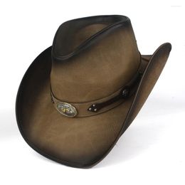 Berets Women Men Western Cowboy Hat For Gentleman Dad Leather Cowgirl Sombrero Hombre Jazz Caps Size 58-59CM With Bull Band