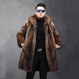 Men's Fur Faux long fur coat winter warm mink hooded jacket loose casual windbreaker 231124