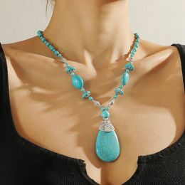 Long Turquoise Pendant Necklace Bohemian Ethnic Sweater Chain Natural Turquoise Beaded Necklace High-end Jewellery Gift