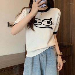 Women's Sweaters Rhinestones Print Ice Silk Tshirt Tops Women Knitted Sweater Knitwear 2023 Summer Short Sleeve O-neck Fashion Loose Tees