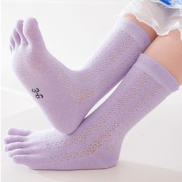 Women Socks 5 Pairs Baby Girl Long Summer Mid Calf Thin Cotton Breathable Mesh Sock Kids Solid Black Pink Green Purple With Toes