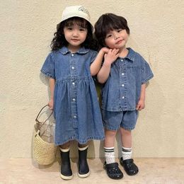 Clothing Sets Summer Denim Set Turn-down Collar T-shirt Simple Shorts Jeans Girls' Dresses Sibling Outfits Casual Dresses For Child AA230426