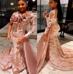 Pink Modest Arabic Aso Ebi Prom Gowns Lace Mermaid Lace African Nigeria Evening Dresses Birthday Party Engagement Pageant Dress Second Reception Guest's Gown AM048