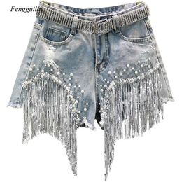 Jeans Female Denim Shorts Summer Wear New High Waist Slimming Heavy Beaded Sequin Fringed Ripped Wide Leg Pants Jeans Hot Pants