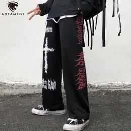 Pants Aolamegs Gothic Pants Men Japanese Casual Sweatpants Graffiti Anime Punk Hippie Wide Leg Trouser Harajuku High Street Streetwear