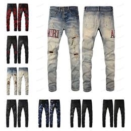designer amirs Mens Mens Jeans High Street Purple Jeans for mens Embroidery pants Womens Oversize Ripped Patch Hole Deni 5196