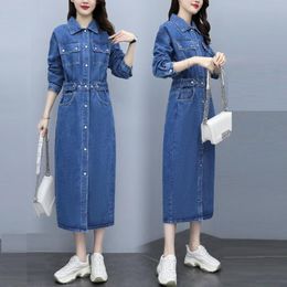 Casual Dresses Spring Autumn Women Turn-Down Collar Pocket Single Button Collect Waist Slim Solid Jeans For Females Denim One-Piece