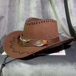Berets Outdoor Travel Jazz Hat Men's Four Seasons Sun Protection Vintage Riding Big Cow Head Leather Western Cowboy Women's