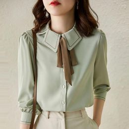 Women's Blouses Elegant Lapel Solid Color Korean Lace Up Bow Shirts Clothing 2023 Autumn Winter Loose All-match Tops Office Lady