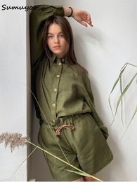 Women's Tracksuits Sumuyoo Summer Cotton Linen Vacation Outfits Woman Casual Lapel Shirt 2 Pieces Set High Wasit Shorts Loose Green Suits 230425