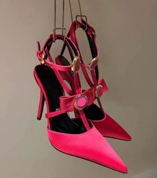 Top Luxury Gianni Ribbon Sandals Shoes Women Cage Satin Bow Women Pumps High Heeled Party Dress Wedding Lady Slingback EU35-42