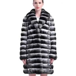 Women's Fur Faux Chinchilla Striped Coat Real Rex Rabbit Lapel MidLength Thick Warm Jacket Winter Fashion 2023 231124