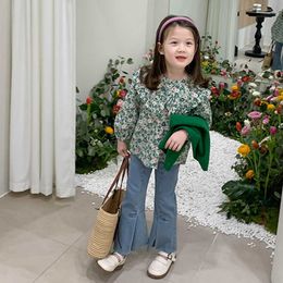 Clothing Sets Spring Autumn New Girls' Children'S Clothing Suit Wooden Ear Cute Floral Lapel Shirt + Jeans Pastoral Girls Fashion Ki AA230426