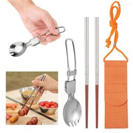 Dinnerware Sets Stainless Steel Spoon Fork & Chopsticks With Storage Bag 2 In 1 Set Outdoor Travel Flatware