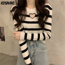 Women's T-Shirt KOSAHIKI Casual Basic Knitted T-shirt Vintage Striped Tops Heart Hollow Out Design Tee All Match Y2k Base Knitwear Autumn 230426