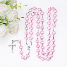 Pendant Necklaces Catholic Pink-White Heart Rosary Necklace Virgin Mary Jesus Prayer For Religious Gifts Long Chain Fashion Jewelry