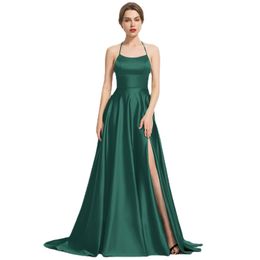 AE19 Sexy Backless Long Prom Dresses Green Evening Dress Satin Prom Gowns Spaghetti Strap Slit Party Dresses