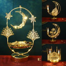 Other Event Party Supplies Metal EID Mubarak Candlestick Lamp Tray with Lights Hollow Lamp Ornaments Ramadan Islam Muslim Festival Home Decorations 230425